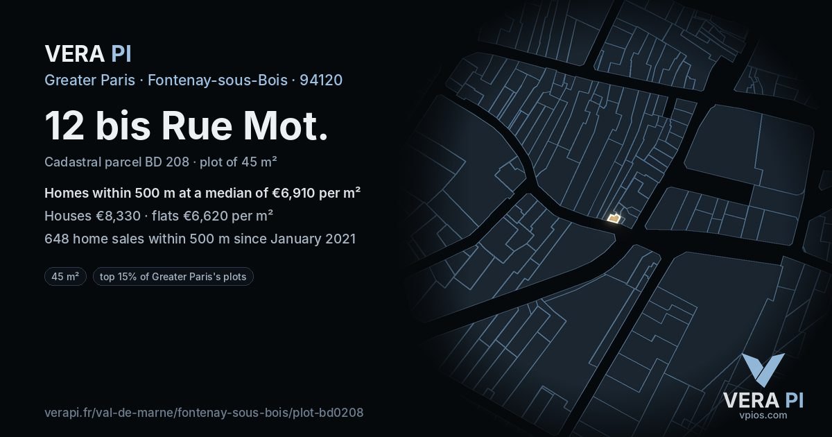 12 bis Rue Mot, Fontenay-sous-Bois at night – the plot lit, the parcels around coloured by the prices near them