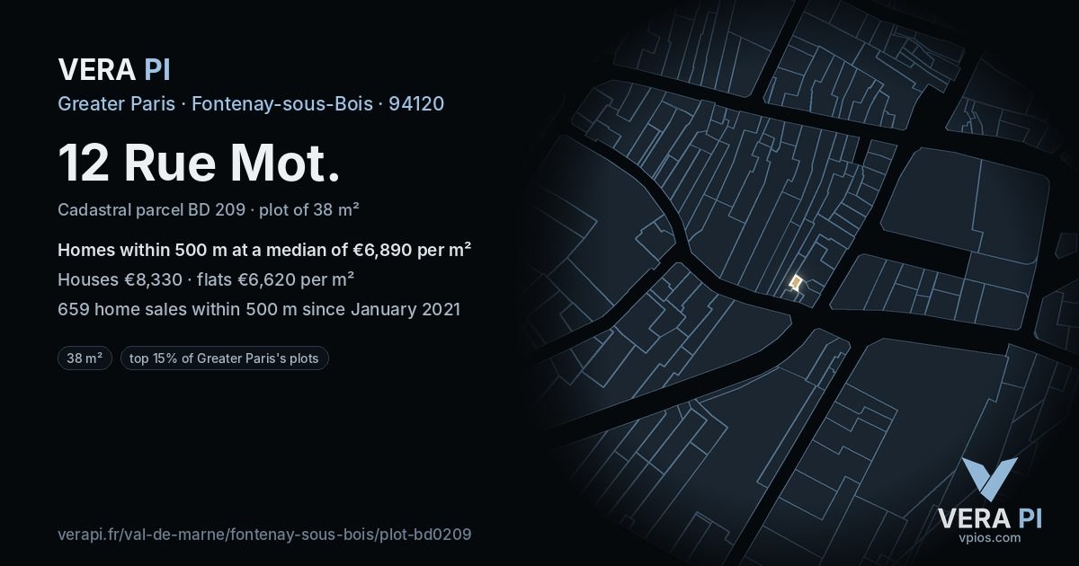 12 Rue Mot, Fontenay-sous-Bois at night – the plot lit, the parcels around coloured by the prices near them