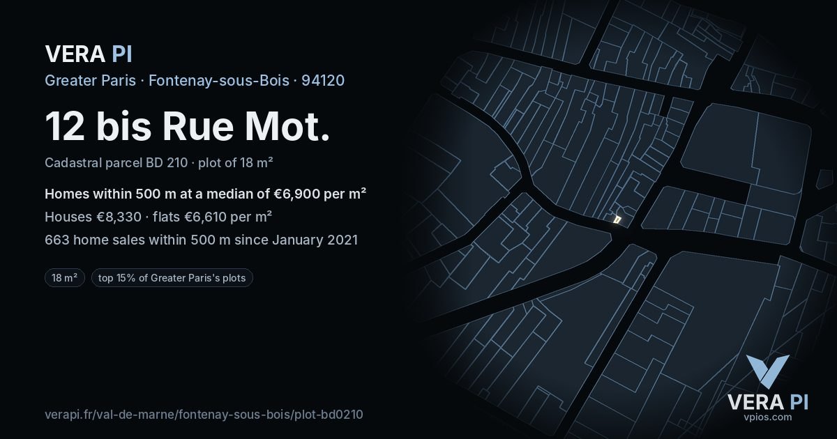 12 bis Rue Mot, Fontenay-sous-Bois at night – the plot lit, the parcels around coloured by the prices near them