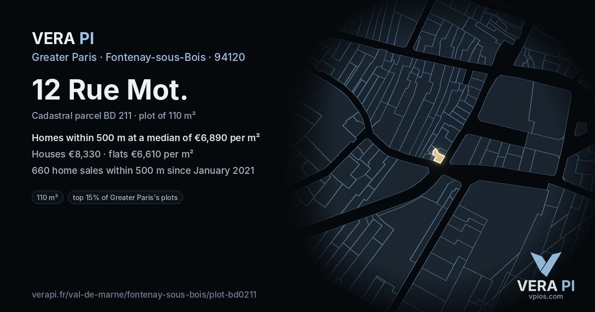 12 Rue Mot, Fontenay-sous-Bois at night – the plot lit, the parcels around coloured by the prices near them