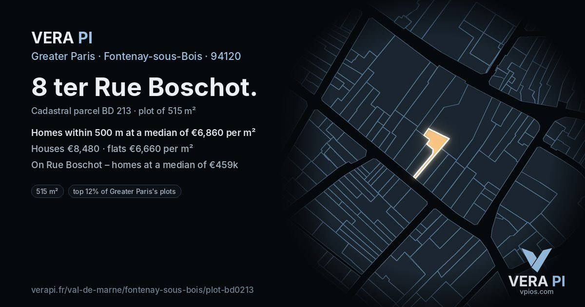8 ter Rue Boschot, Fontenay-sous-Bois at night – the plot lit, the parcels around coloured by the prices near them