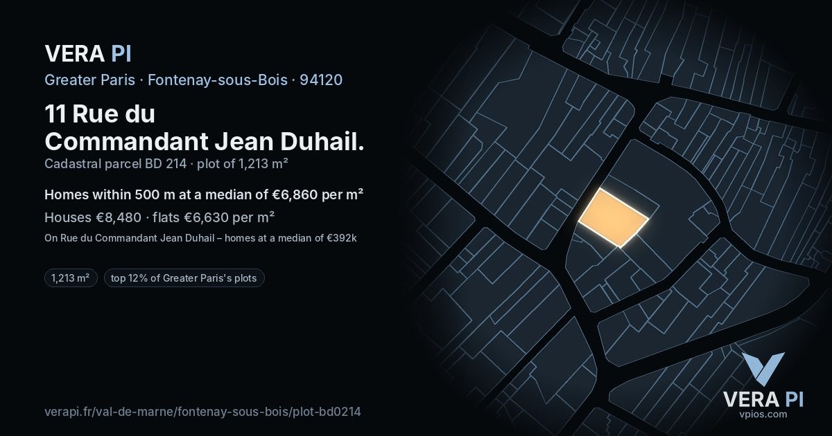 11 Rue du Commandant Jean Duhail, Fontenay-sous-Bois at night – the plot lit, the parcels around coloured by the prices near them