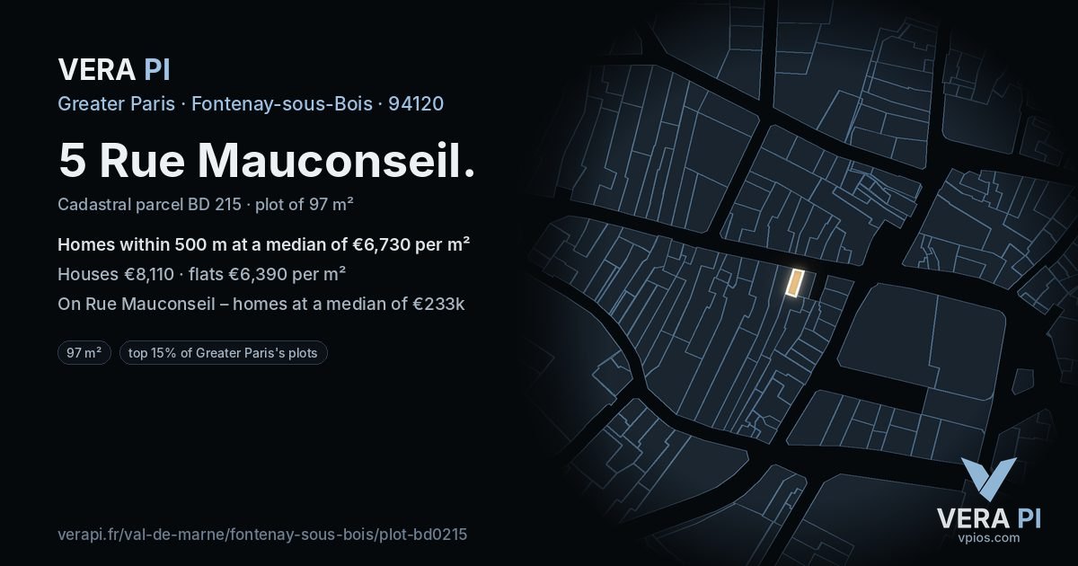 5 Rue Mauconseil, Fontenay-sous-Bois at night – the plot lit, the parcels around coloured by the prices near them