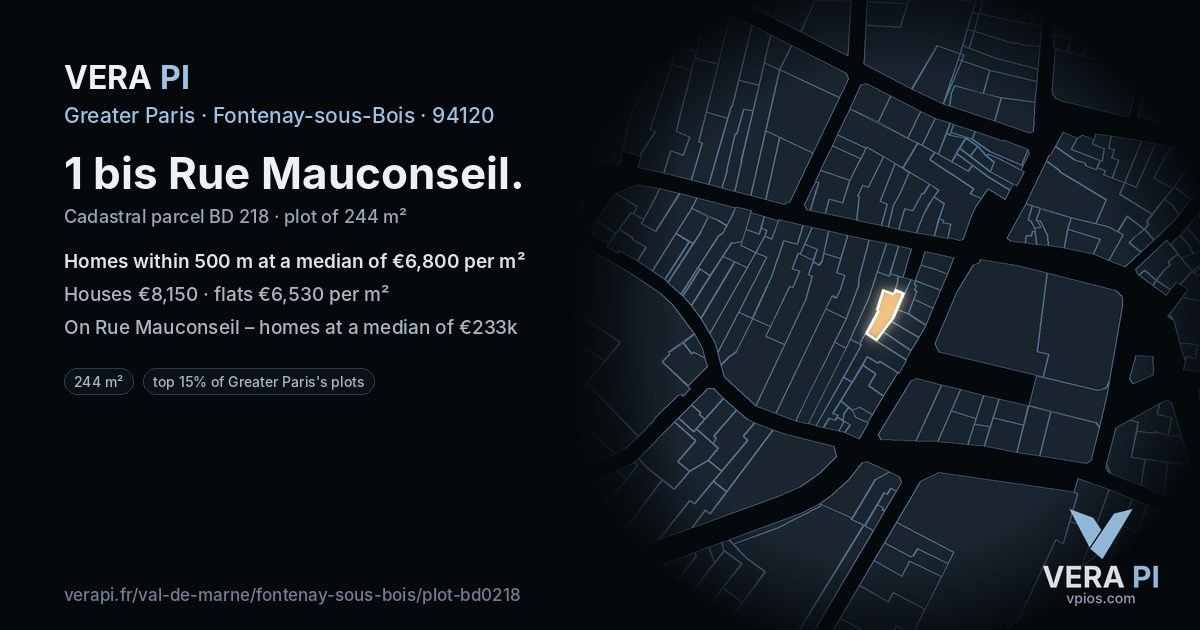 1 bis Rue Mauconseil, Fontenay-sous-Bois at night – the plot lit, the parcels around coloured by the prices near them