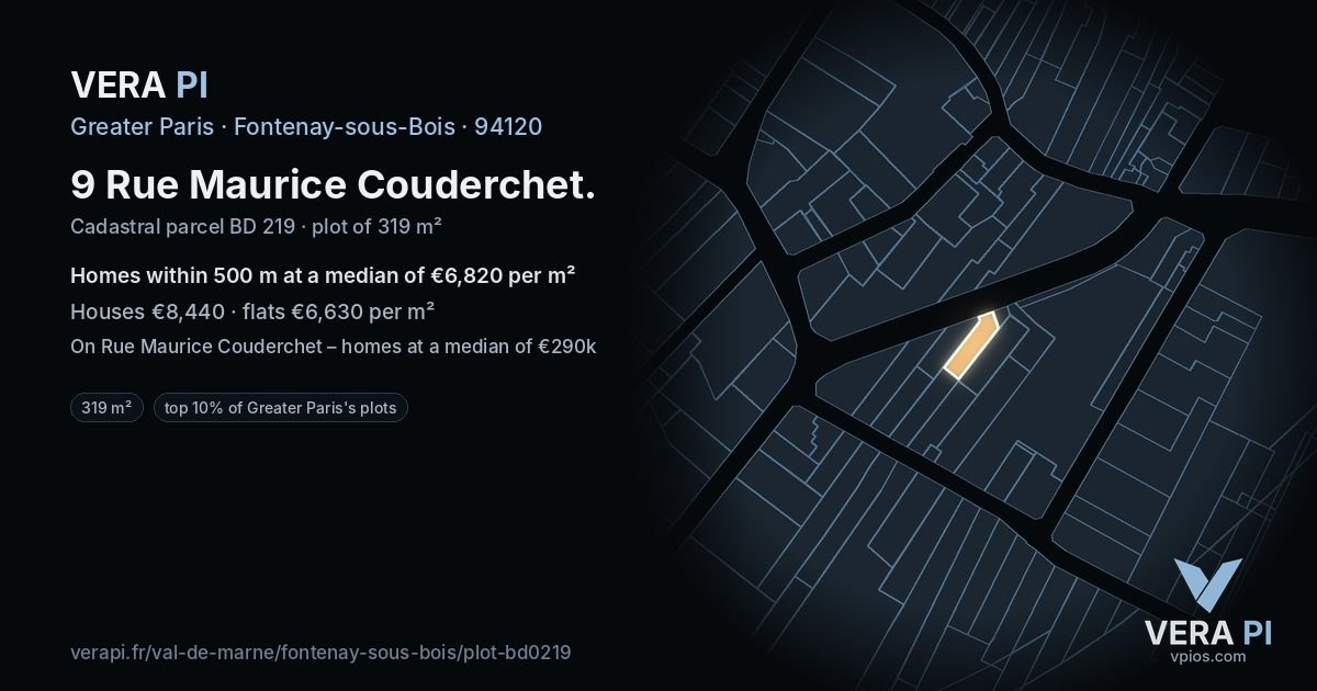 9 Rue Maurice Couderchet, Fontenay-sous-Bois at night – the plot lit, the parcels around coloured by the prices near them