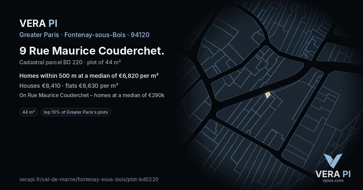9 Rue Maurice Couderchet, Fontenay-sous-Bois at night – the plot lit, the parcels around coloured by the prices near them