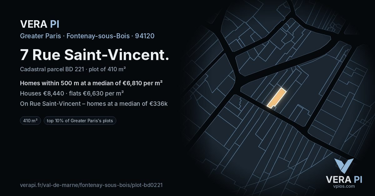 7 Rue Saint-Vincent, Fontenay-sous-Bois at night – the plot lit, the parcels around coloured by the prices near them