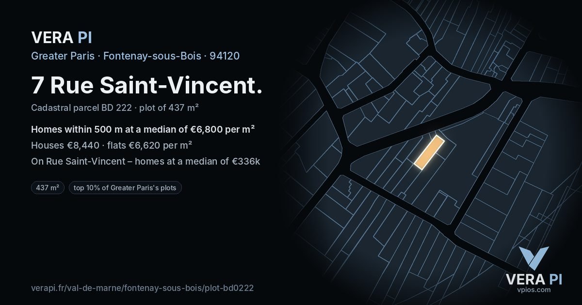 7 Rue Saint-Vincent, Fontenay-sous-Bois at night – the plot lit, the parcels around coloured by the prices near them