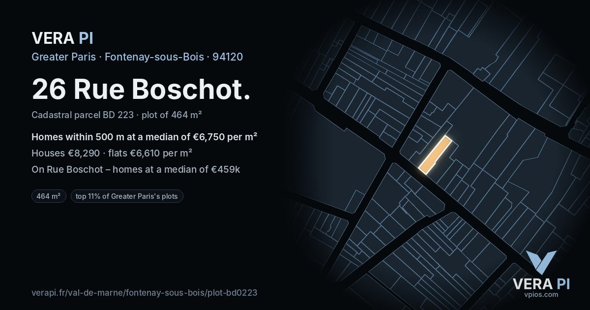 26 Rue Boschot, Fontenay-sous-Bois at night – the plot lit, the parcels around coloured by the prices near them