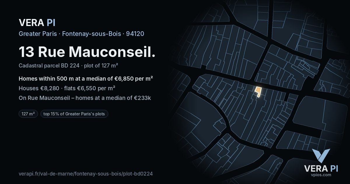 13 Rue Mauconseil, Fontenay-sous-Bois at night – the plot lit, the parcels around coloured by the prices near them