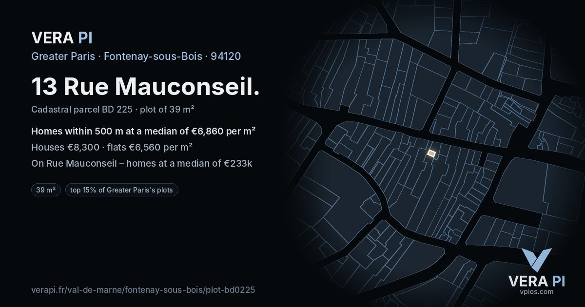13 Rue Mauconseil, Fontenay-sous-Bois at night – the plot lit, the parcels around coloured by the prices near them