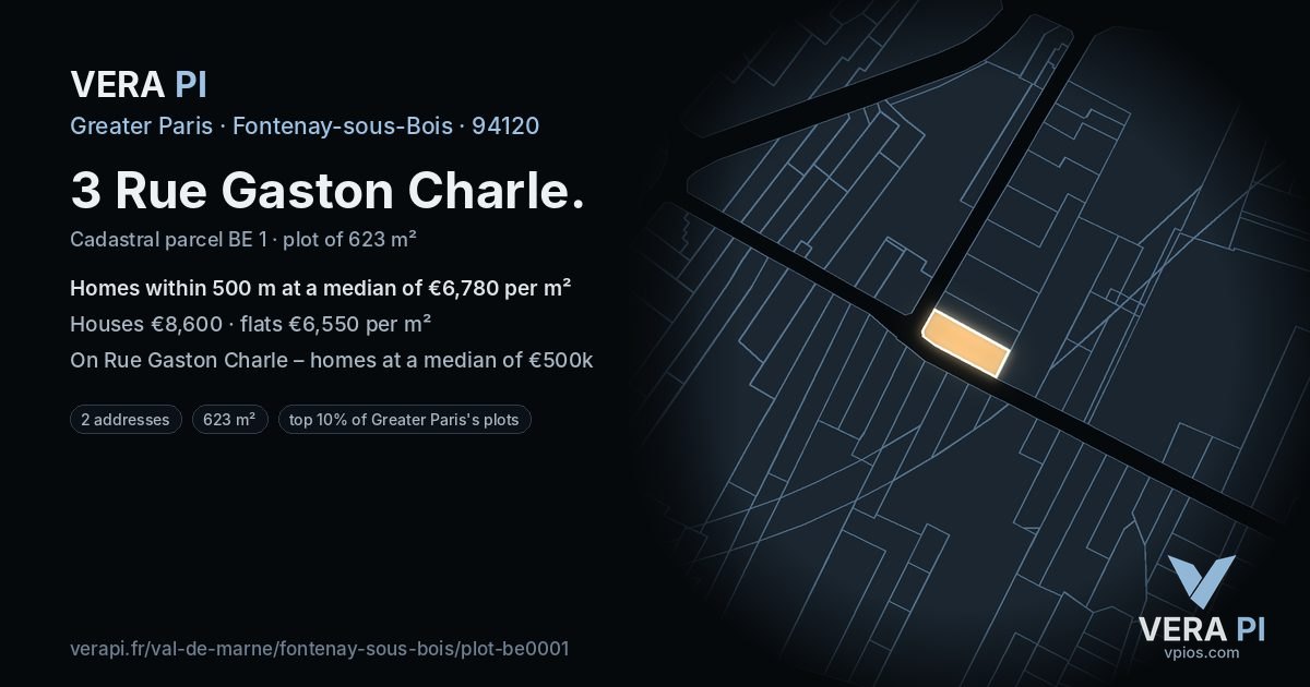 3 Rue Gaston Charle, Fontenay-sous-Bois at night – the plot lit, the parcels around coloured by the prices near them