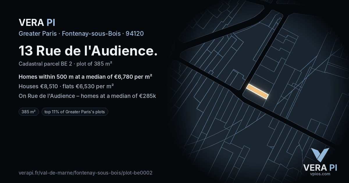 13 Rue de l'Audience, Fontenay-sous-Bois at night – the plot lit, the parcels around coloured by the prices near them