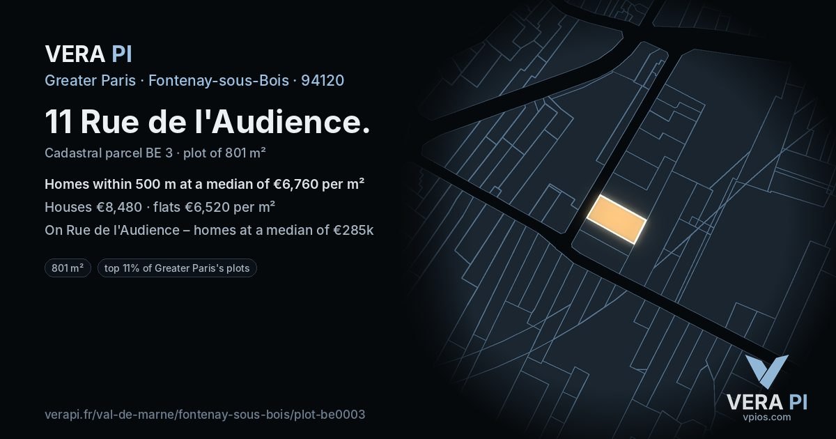 11 Rue de l'Audience, Fontenay-sous-Bois at night – the plot lit, the parcels around coloured by the prices near them