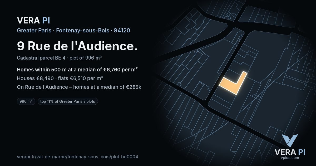 9 Rue de l'Audience, Fontenay-sous-Bois at night – the plot lit, the parcels around coloured by the prices near them