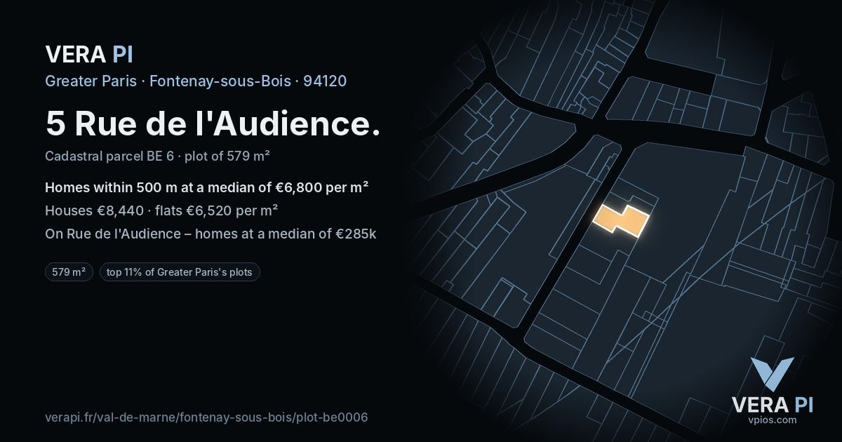 5 Rue de l'Audience, Fontenay-sous-Bois at night – the plot lit, the parcels around coloured by the prices near them