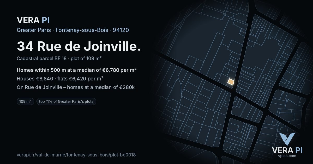 34 Rue de Joinville, Fontenay-sous-Bois at night – the plot lit, the parcels around coloured by the prices near them