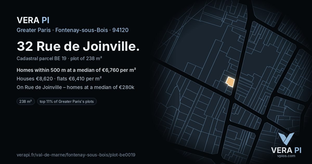 32 Rue de Joinville, Fontenay-sous-Bois at night – the plot lit, the parcels around coloured by the prices near them