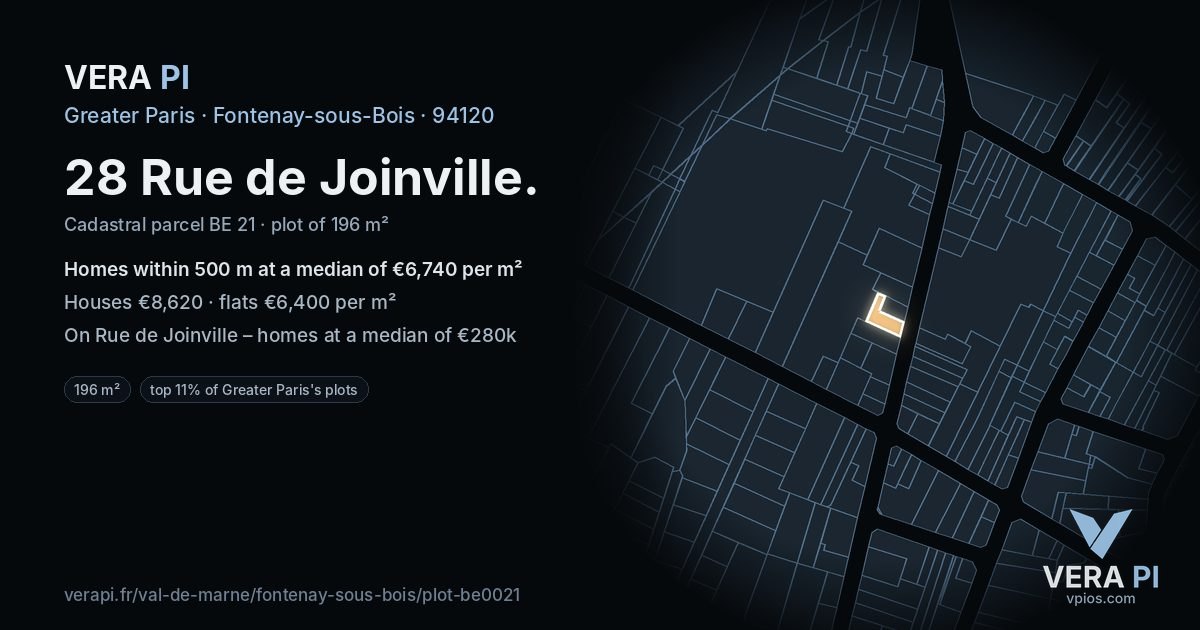 28 Rue de Joinville, Fontenay-sous-Bois at night – the plot lit, the parcels around coloured by the prices near them