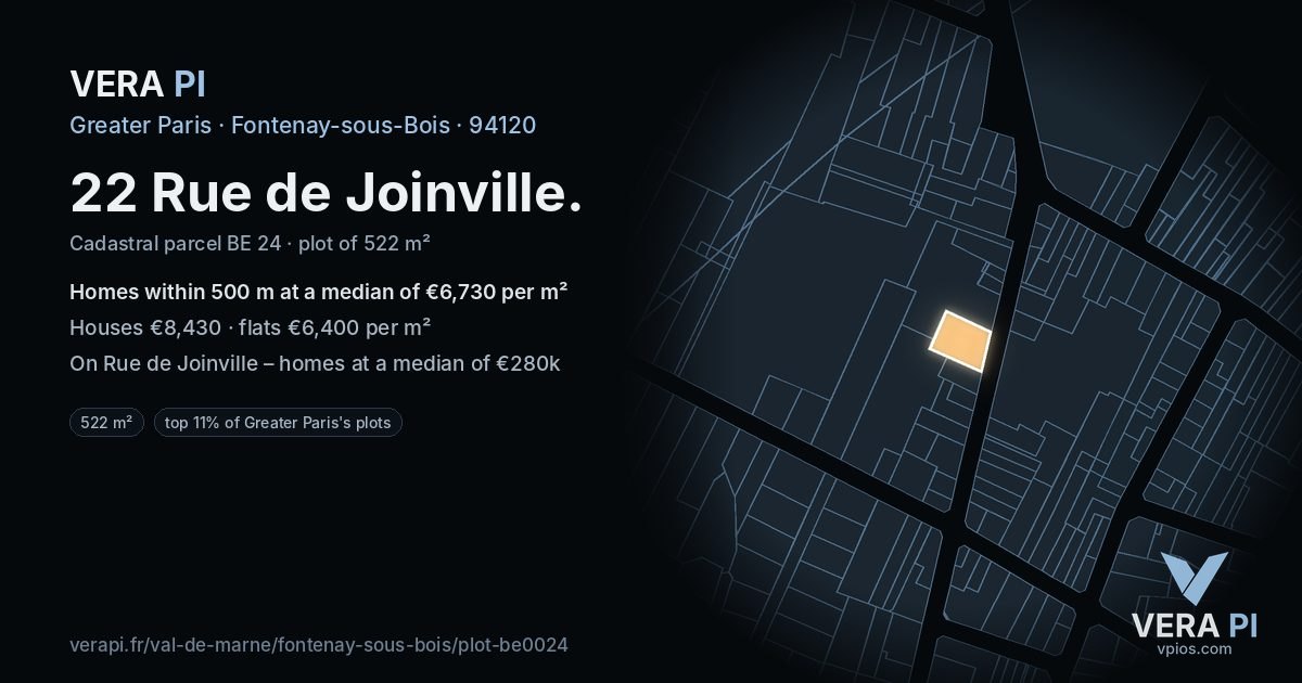 22 Rue de Joinville, Fontenay-sous-Bois at night – the plot lit, the parcels around coloured by the prices near them