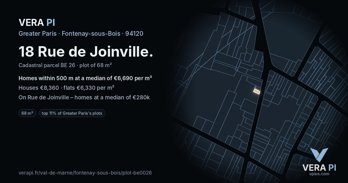 18 Rue de Joinville, Fontenay-sous-Bois at night – the plot lit, the parcels around coloured by the prices near them