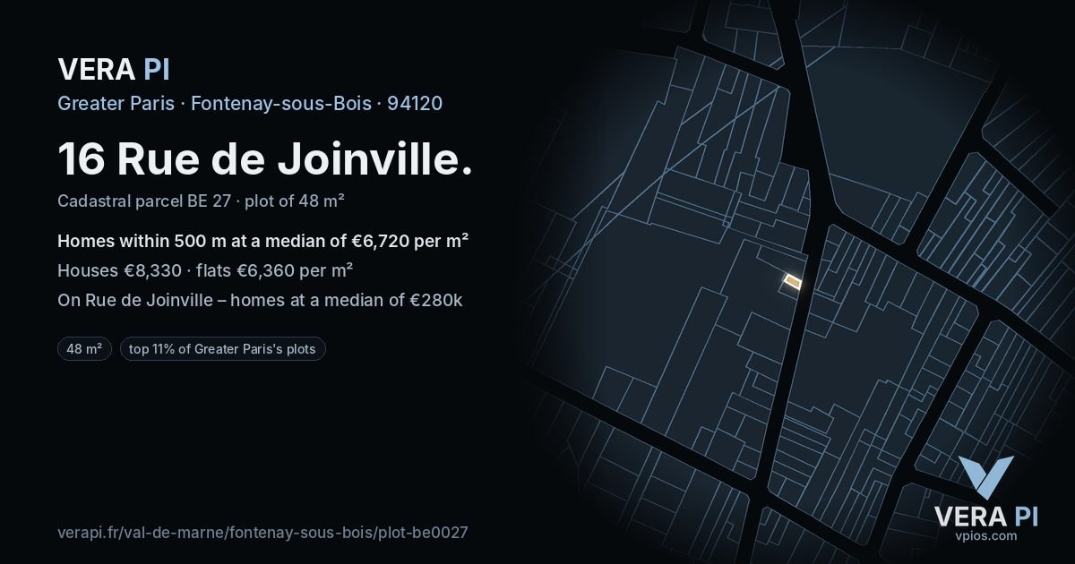16 Rue de Joinville, Fontenay-sous-Bois at night – the plot lit, the parcels around coloured by the prices near them