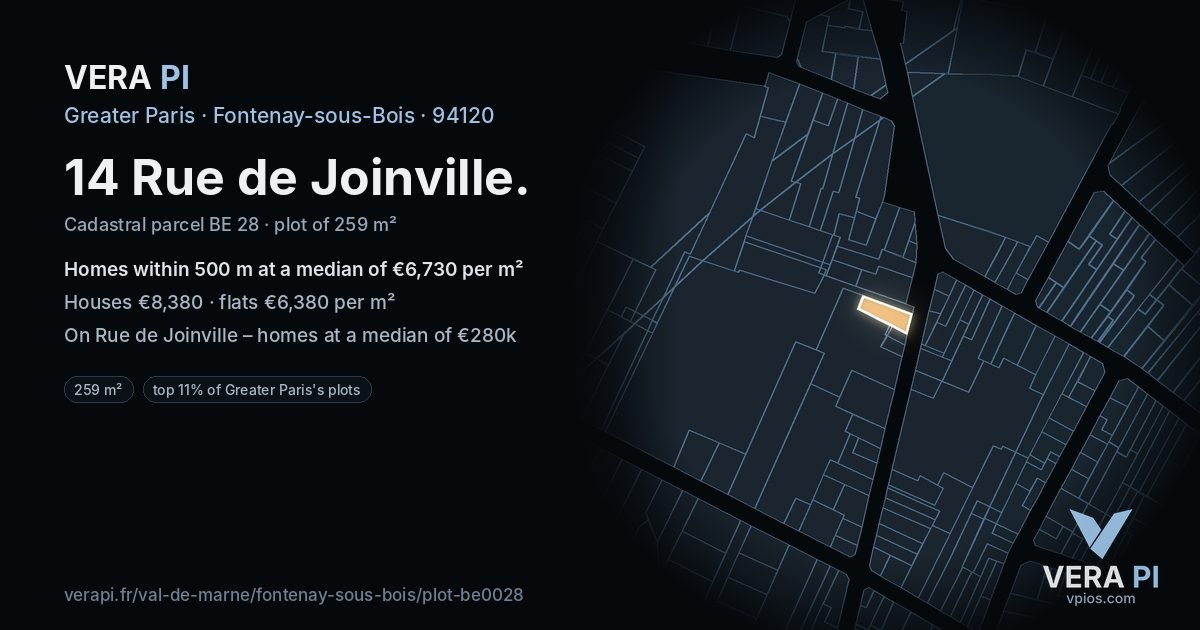 14 Rue de Joinville, Fontenay-sous-Bois at night – the plot lit, the parcels around coloured by the prices near them