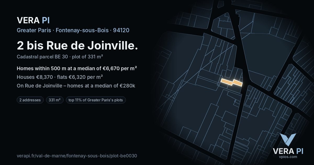 2 bis Rue de Joinville, Fontenay-sous-Bois at night – the plot lit, the parcels around coloured by the prices near them