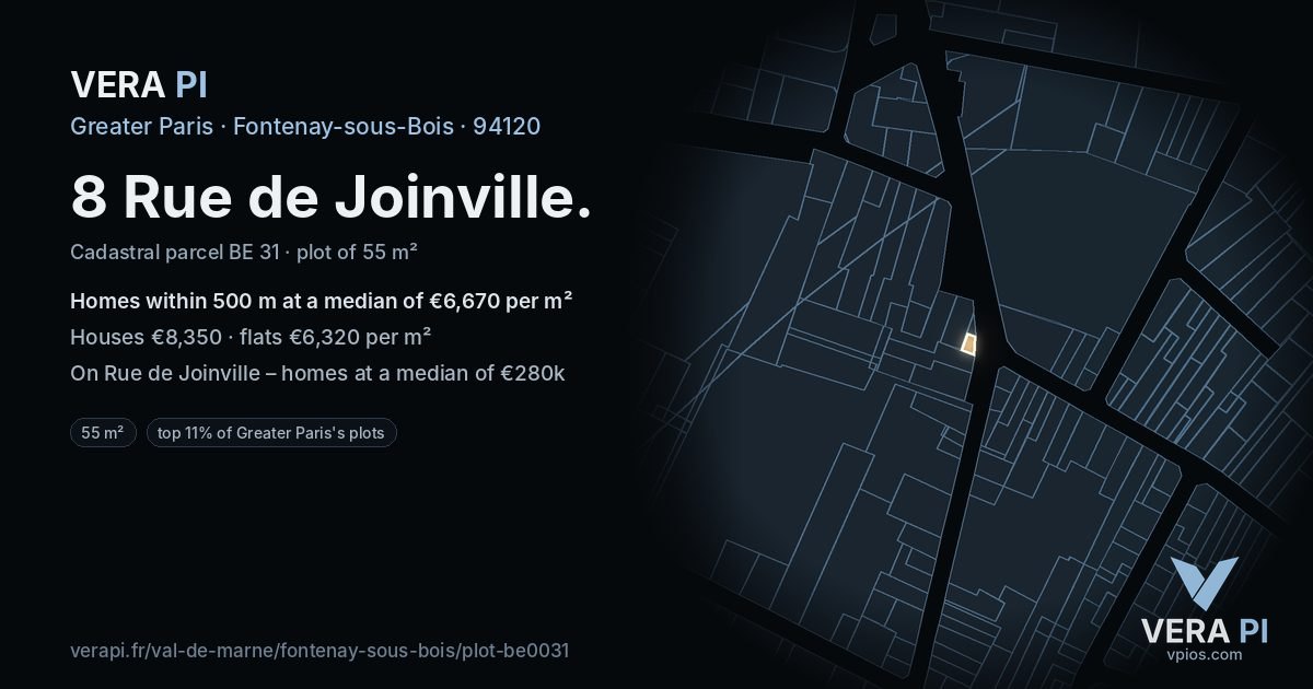 8 Rue de Joinville, Fontenay-sous-Bois at night – the plot lit, the parcels around coloured by the prices near them