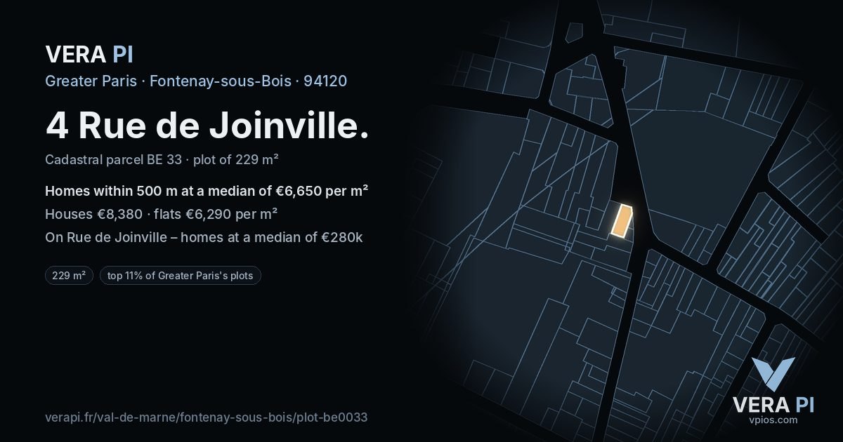 4 Rue de Joinville, Fontenay-sous-Bois at night – the plot lit, the parcels around coloured by the prices near them
