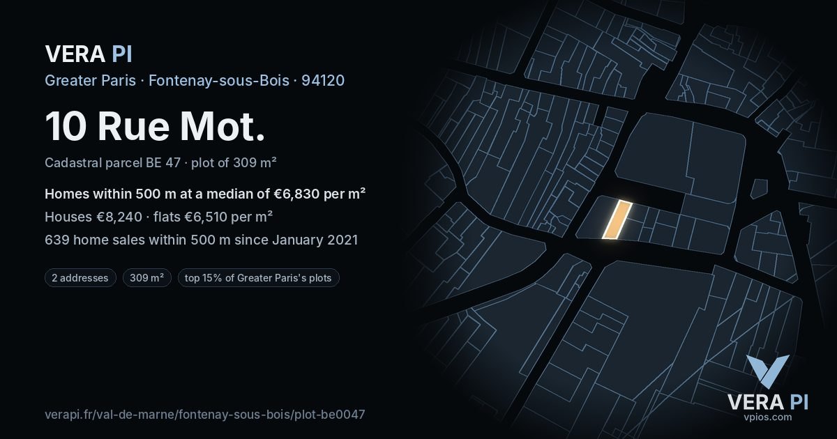 10 Rue Mot, Fontenay-sous-Bois at night – the plot lit, the parcels around coloured by the prices near them
