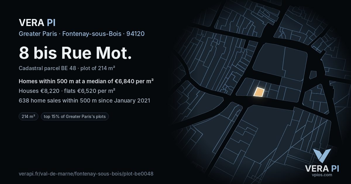 8 bis Rue Mot, Fontenay-sous-Bois at night – the plot lit, the parcels around coloured by the prices near them