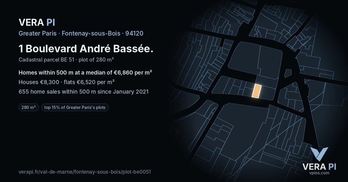 1 Boulevard André Bassée, Fontenay-sous-Bois at night – the plot lit, the parcels around coloured by the prices near them