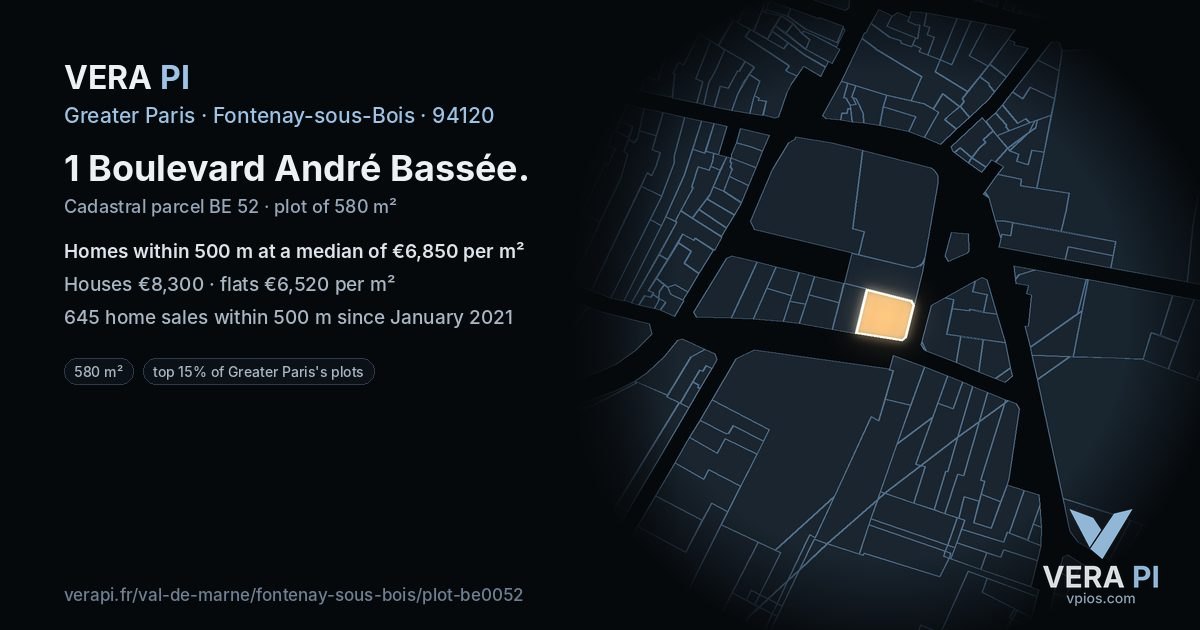 1 Boulevard André Bassée, Fontenay-sous-Bois at night – the plot lit, the parcels around coloured by the prices near them