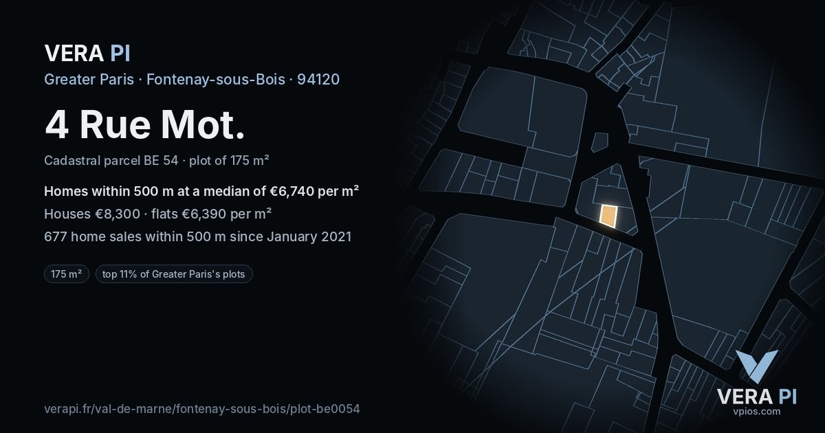 4 Rue Mot, Fontenay-sous-Bois at night – the plot lit, the parcels around coloured by the prices near them