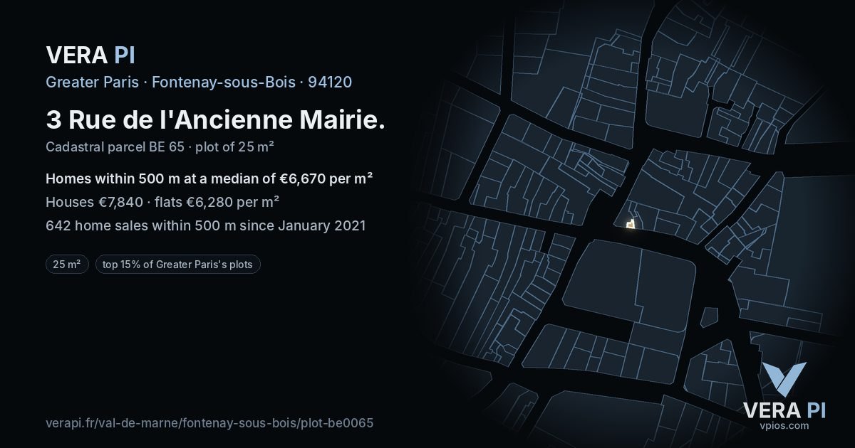 3 Rue de l'Ancienne Mairie, Fontenay-sous-Bois at night – the plot lit, the parcels around coloured by the prices near them