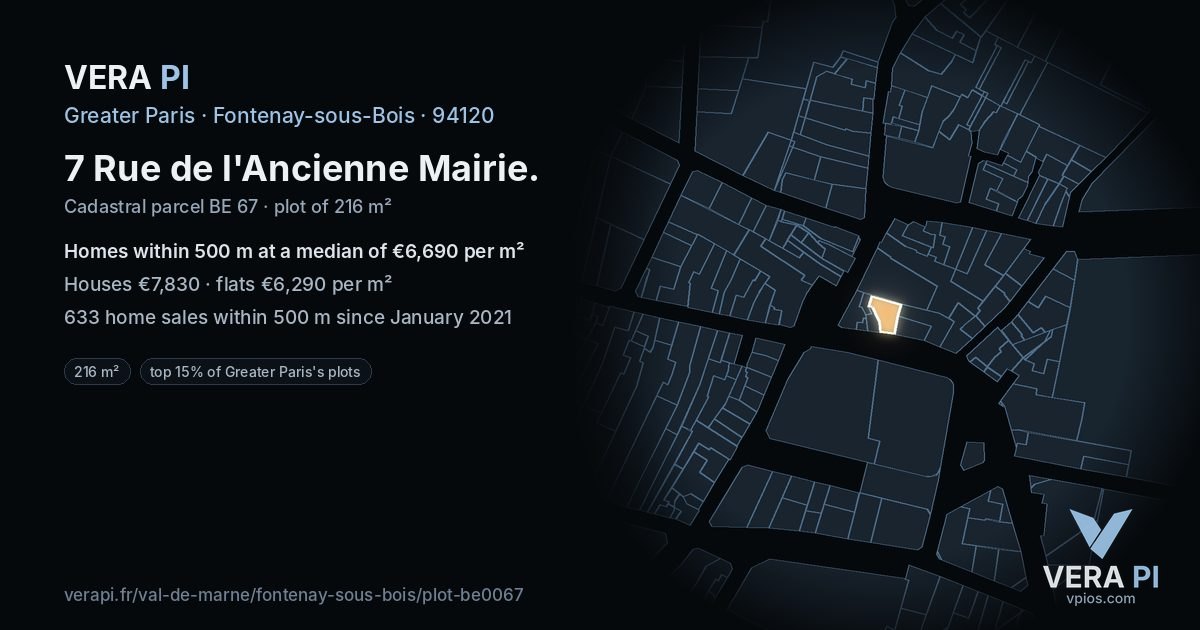 7 Rue de l'Ancienne Mairie, Fontenay-sous-Bois at night – the plot lit, the parcels around coloured by the prices near them