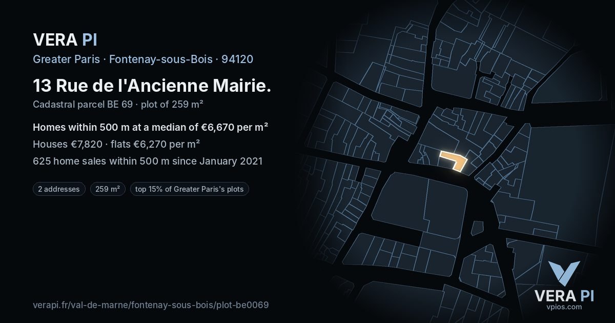 13 Rue de l'Ancienne Mairie, Fontenay-sous-Bois at night – the plot lit, the parcels around coloured by the prices near them