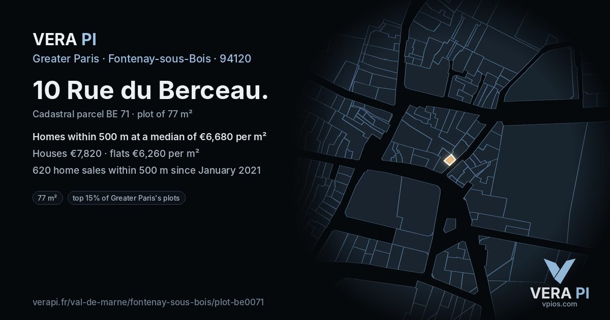 10 Rue du Berceau, Fontenay-sous-Bois at night – the plot lit, the parcels around coloured by the prices near them