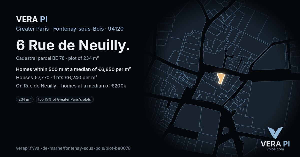 6 Rue de Neuilly, Fontenay-sous-Bois at night – the plot lit, the parcels around coloured by the prices near them
