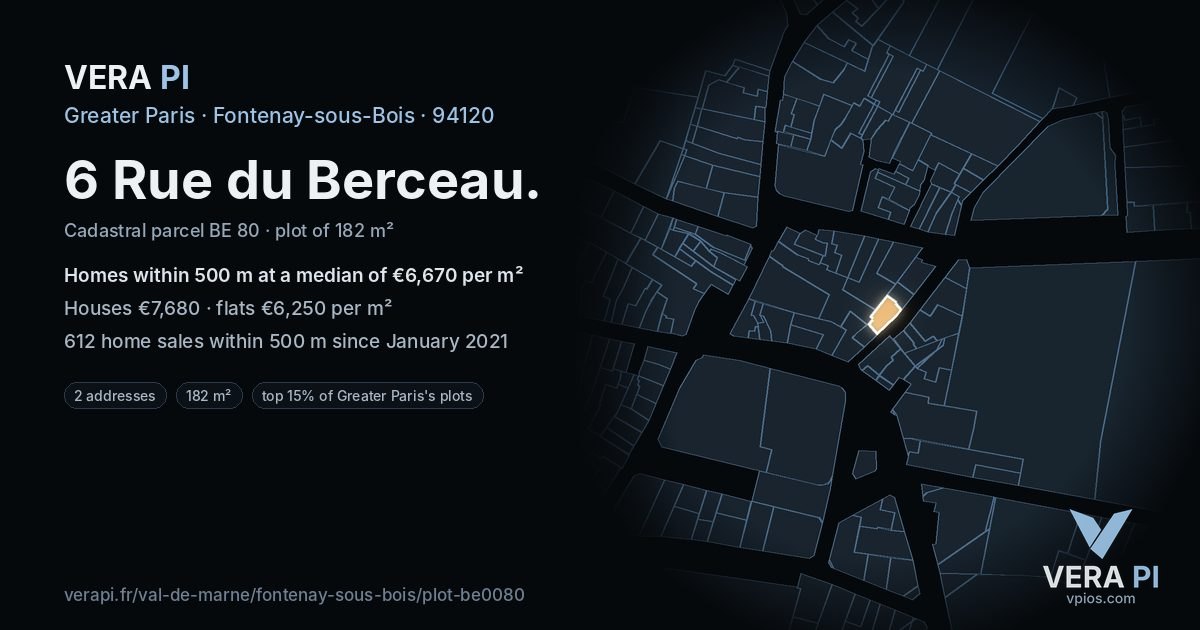 6 Rue du Berceau, Fontenay-sous-Bois at night – the plot lit, the parcels around coloured by the prices near them
