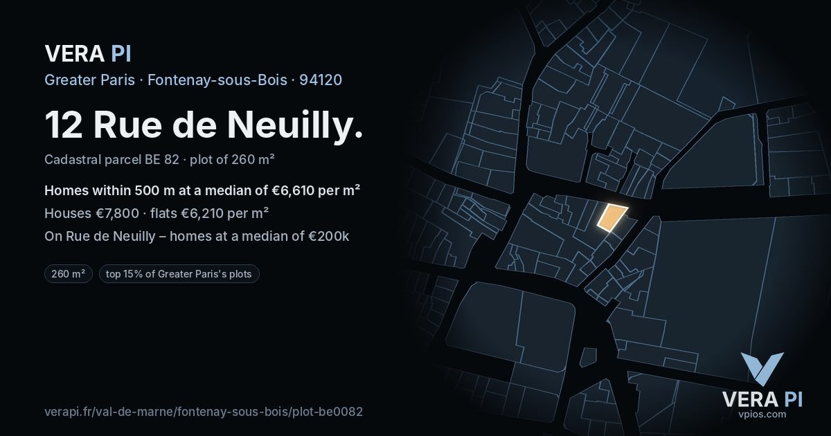 12 Rue de Neuilly, Fontenay-sous-Bois at night – the plot lit, the parcels around coloured by the prices near them
