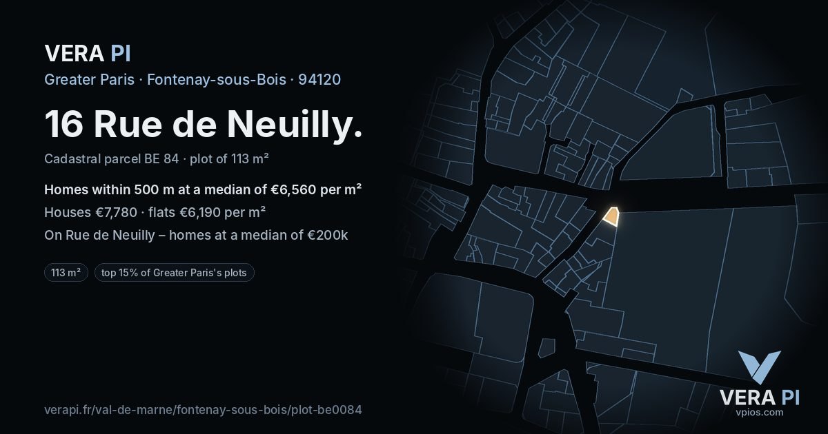 16 Rue de Neuilly, Fontenay-sous-Bois at night – the plot lit, the parcels around coloured by the prices near them