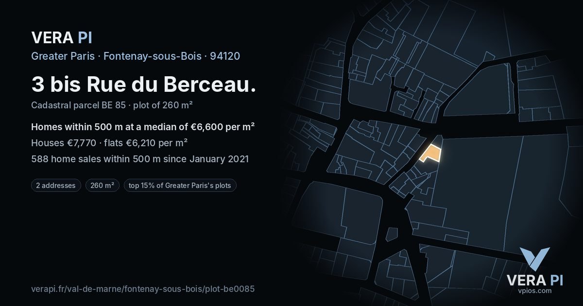 3 bis Rue du Berceau, Fontenay-sous-Bois at night – the plot lit, the parcels around coloured by the prices near them
