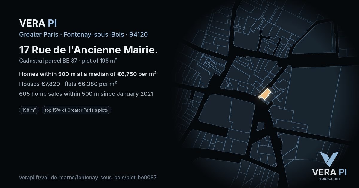 17 Rue de l'Ancienne Mairie, Fontenay-sous-Bois at night – the plot lit, the parcels around coloured by the prices near them