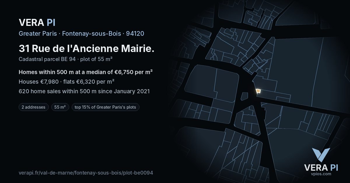 31 Rue de l'Ancienne Mairie, Fontenay-sous-Bois at night – the plot lit, the parcels around coloured by the prices near them