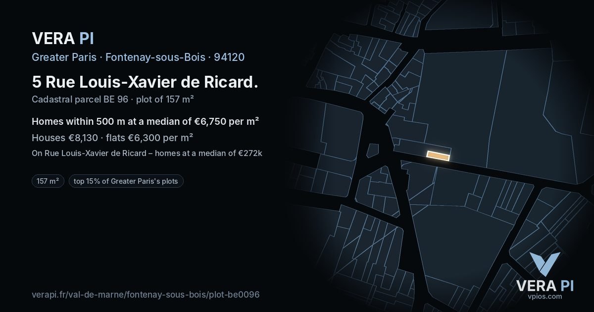 5 Rue Louis-Xavier de Ricard, Fontenay-sous-Bois at night – the plot lit, the parcels around coloured by the prices near them