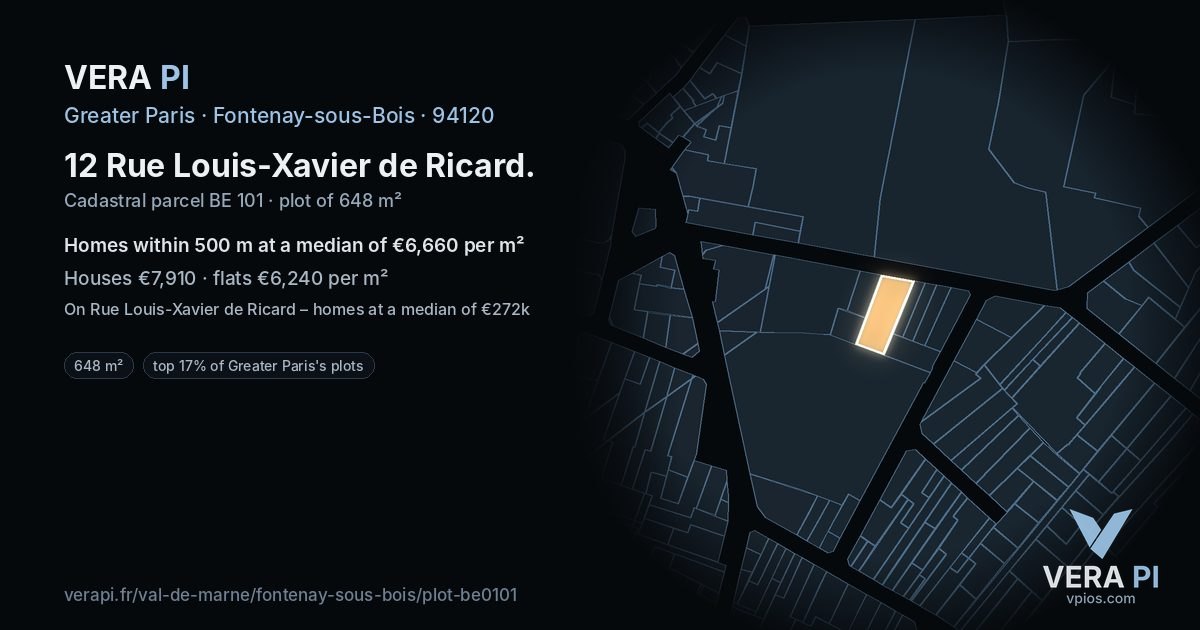 12 Rue Louis-Xavier de Ricard, Fontenay-sous-Bois at night – the plot lit, the parcels around coloured by the prices near them
