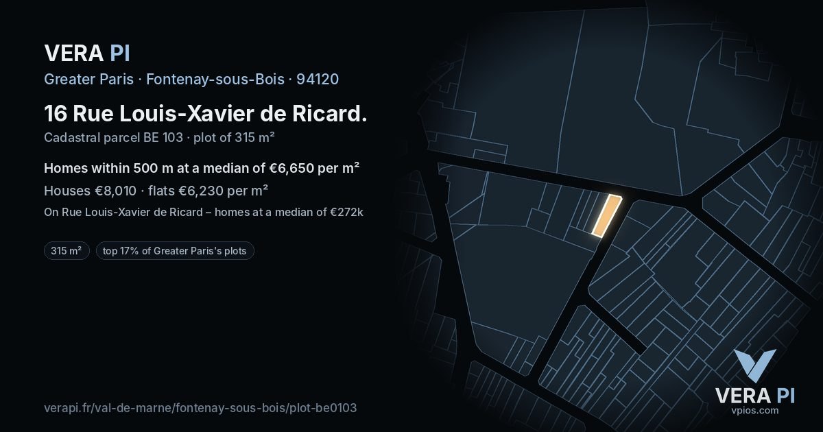 16 Rue Louis-Xavier de Ricard, Fontenay-sous-Bois at night – the plot lit, the parcels around coloured by the prices near them