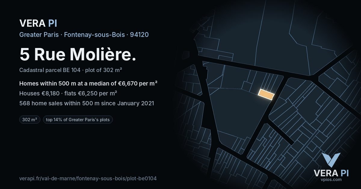 5 Rue Molière, Fontenay-sous-Bois at night – the plot lit, the parcels around coloured by the prices near them